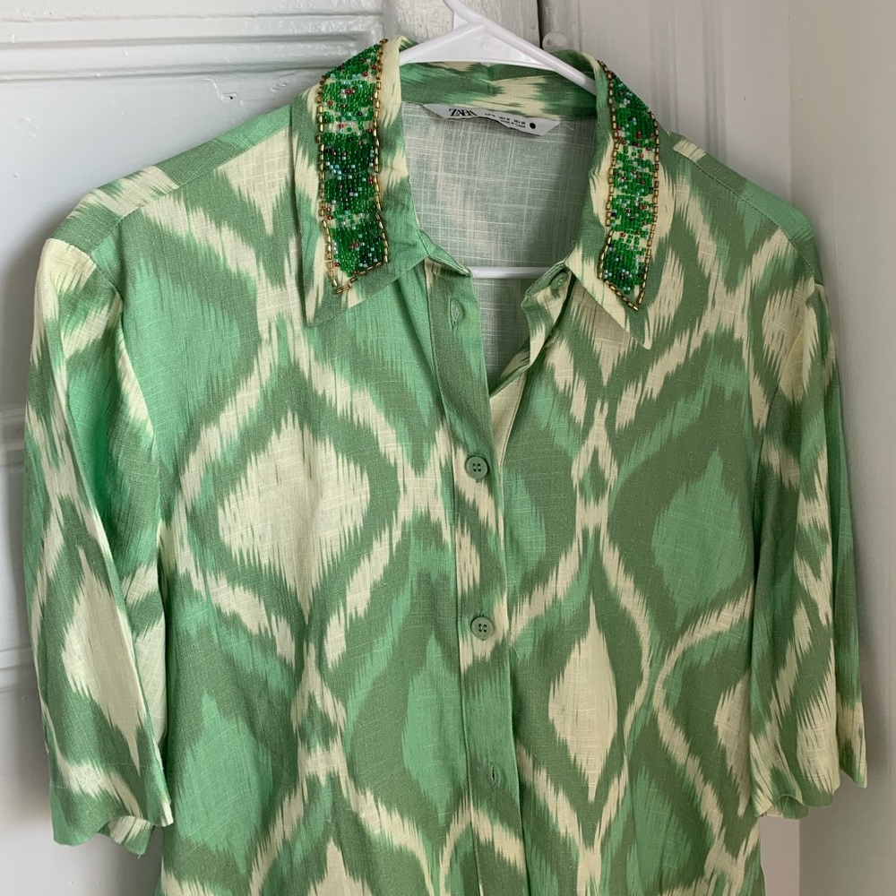 Zara Multi-green toned Button Down Blouse w/ Multi-color Beaded Collar.